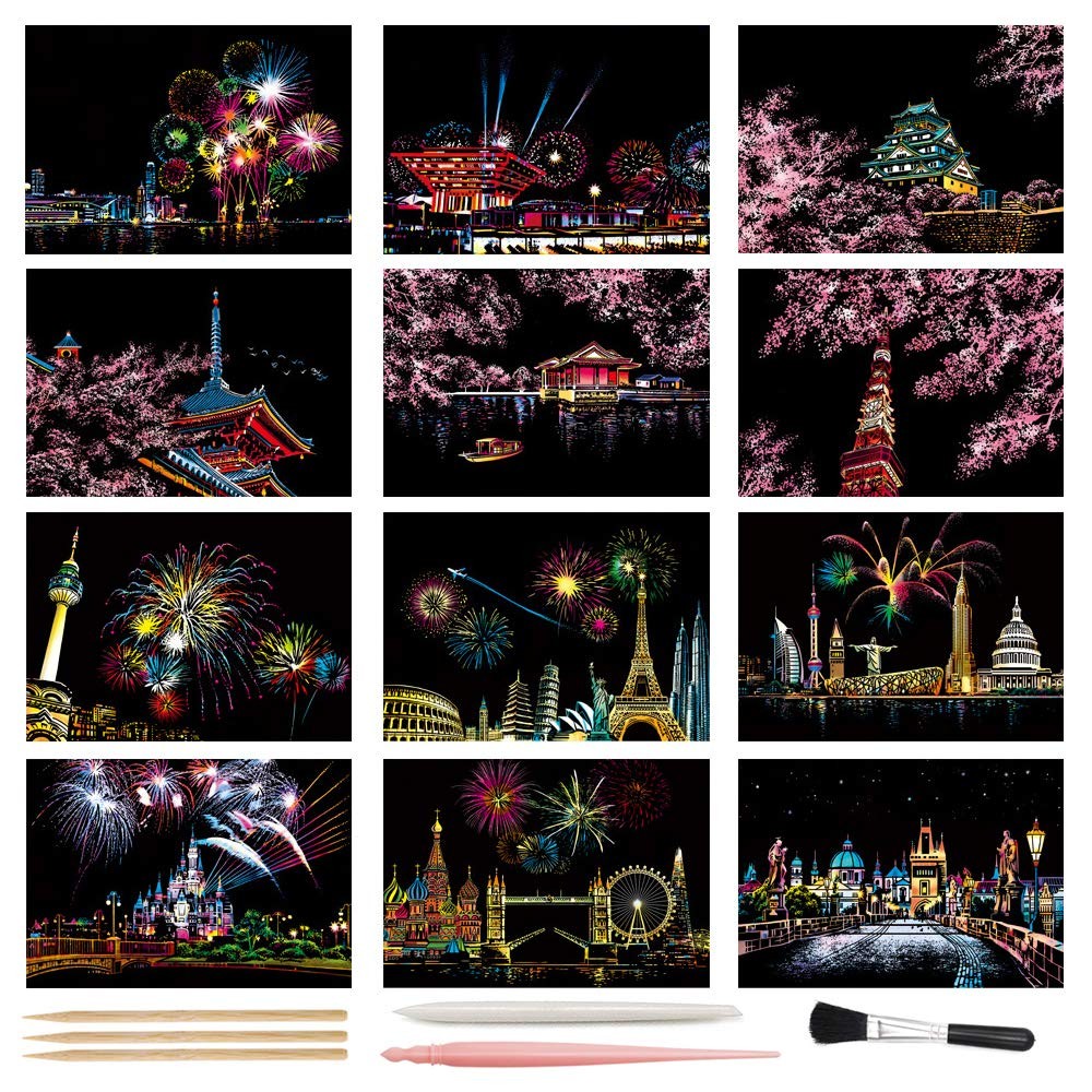 Scratch Art Paper, Rainbow Night View Scratchboard Medium, Fireworks Series