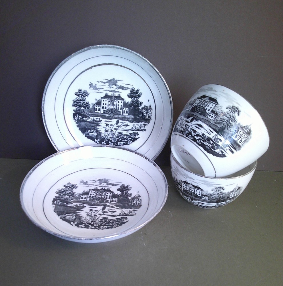 Antique Bat Print Cups and Saucers X 2 . Ref 2bp