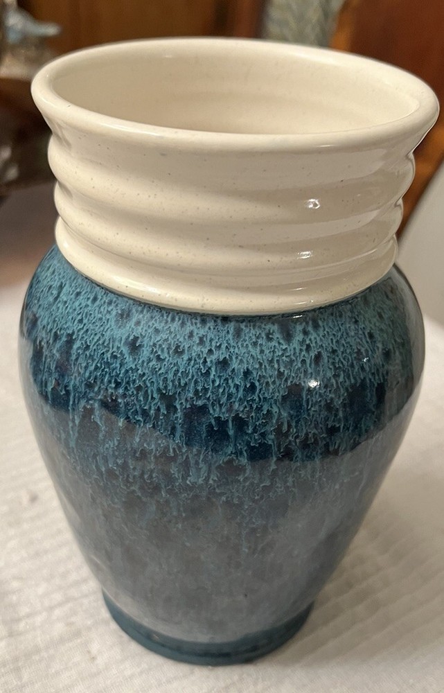 Pottery Vase Blue Ocean Affect With White Smooth Stonelike Collar. Initialed