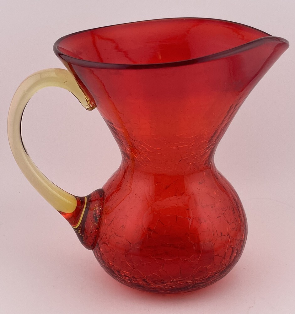 6" Amberina / Tangerine Crackle Glass Pitcher; applied handle; SEE DESCRIPTION