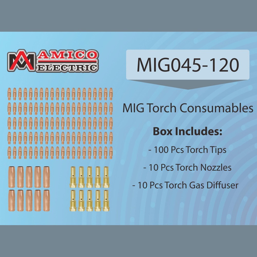 MIG045-120, 100-pcs .045” Tip, 10-pcs Nozzle, 10-pcs Diffuser, For Amico Welder