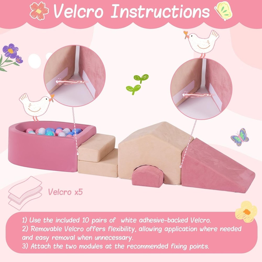 Soft Play Climbing Blocks Set with Ball Pit, Pink/Beige