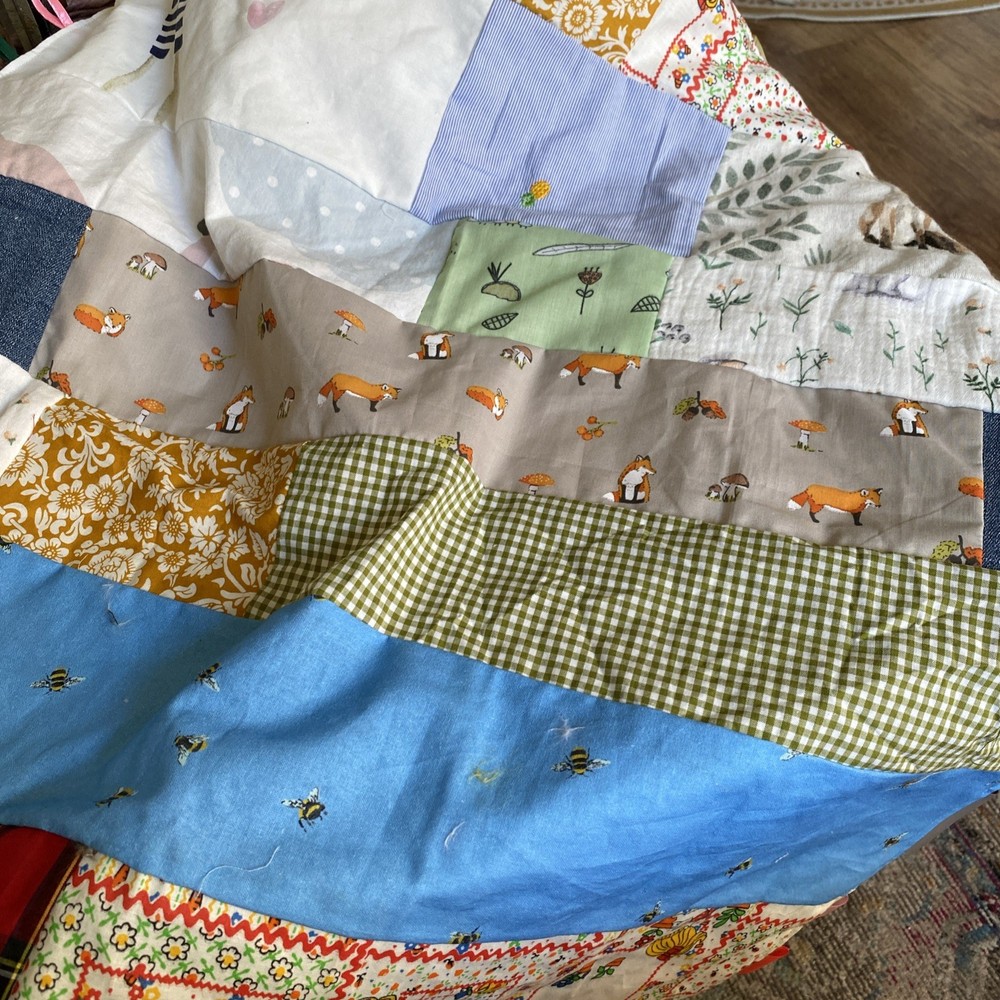 Large Handmade Blanket Taggie Blanket - Patchwork multicolour, soft white back