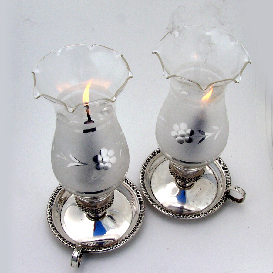 Gadroon Chambersticks Pair Sterling Silver Glass 1940s