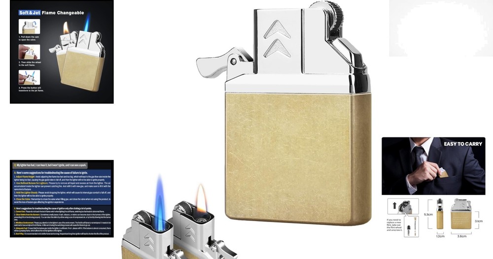 Durable Metal Butane Lighter Insert - Dual Torch & Soft Flame for Versatile Use