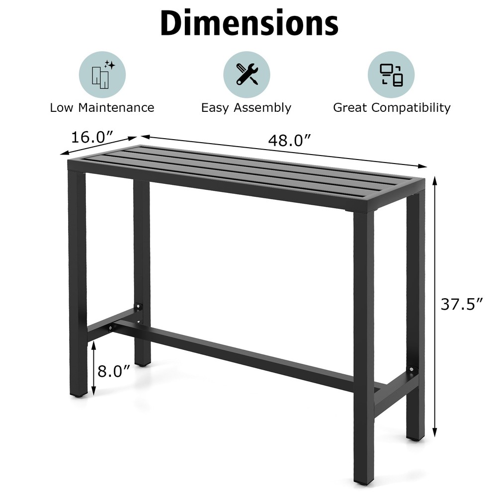Outdoor Metal Bar Table 48" Patio Rectangular Counter Height Dining Table Black