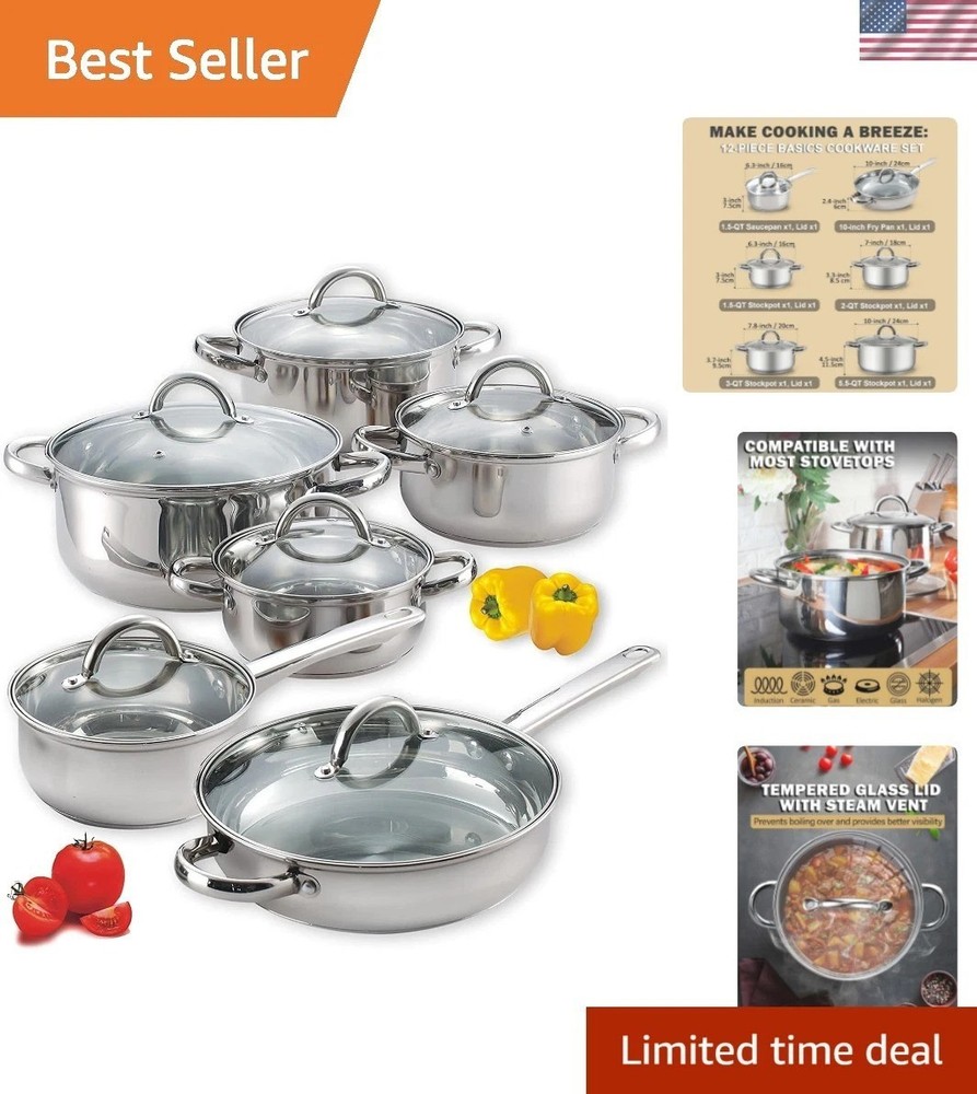Kitchen Cookware Sets, 12-Piece Basic Stainless Steel Pots and Pans, Silver