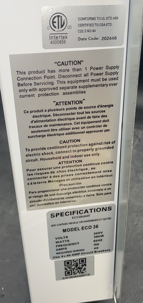 EcoSmart 36 kW 7.03 GPM 240-Volt Electric Tankless Water Heater (FOR PARTS)