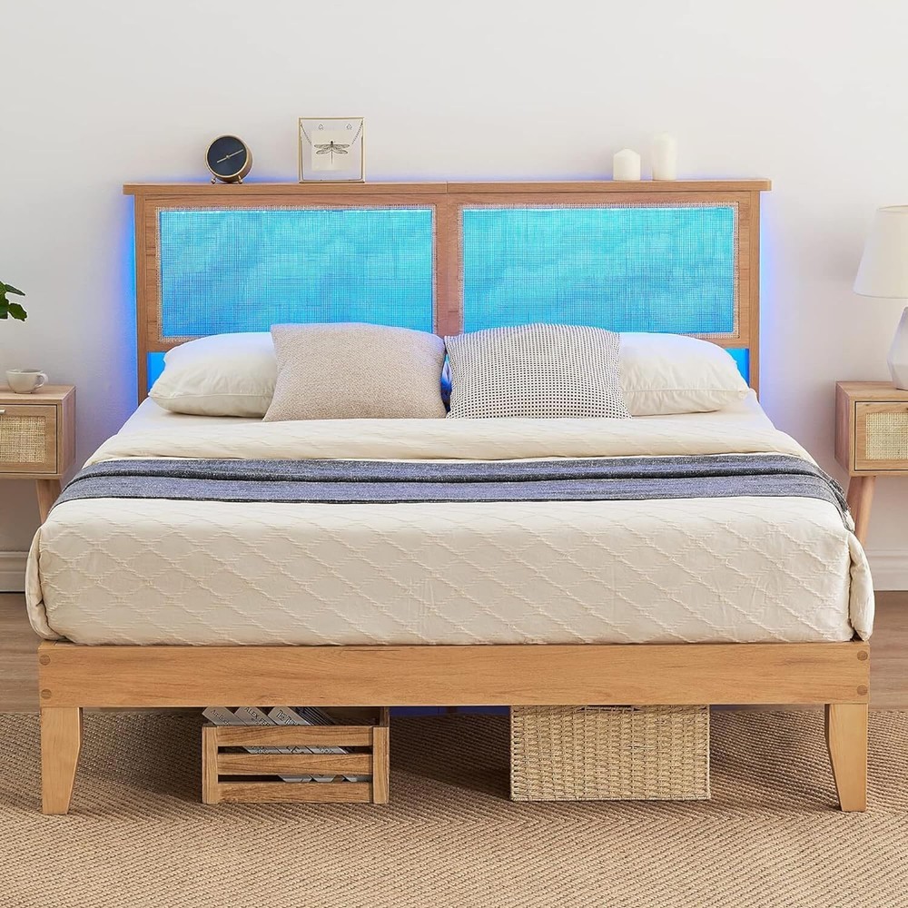 Full Bed Frame W/Rattan Headboard Platform Bed Frame LED Lights Wood Headboard