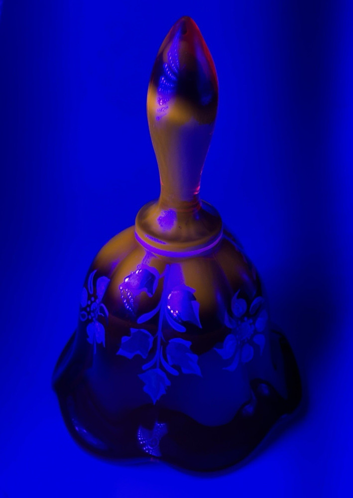 Fenton Ruby Red Hand Bell UV Cadium Glow Gold Silver Floral Signed Numbered #121