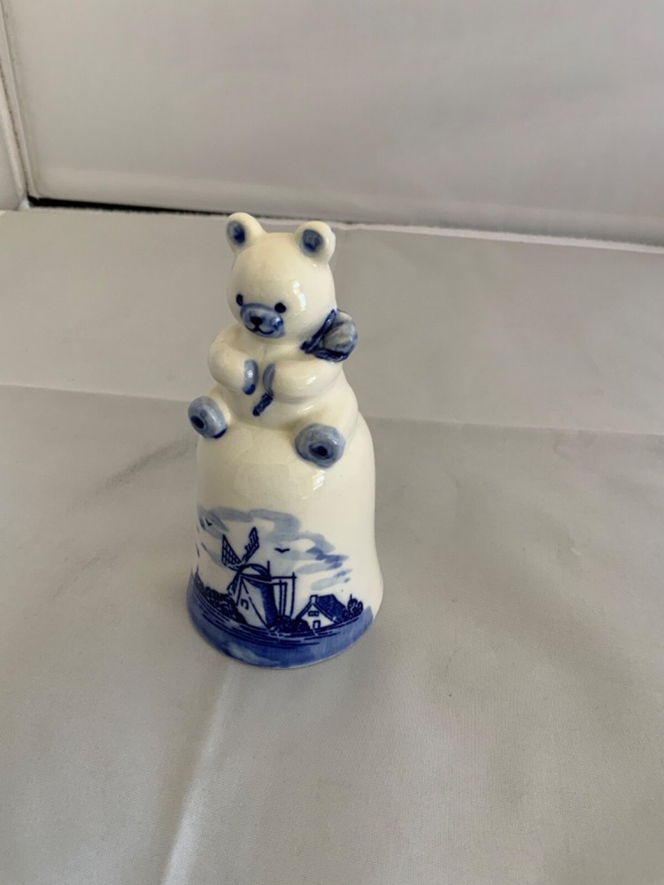 Delft Hand painted blue bell with windmill and bear Design