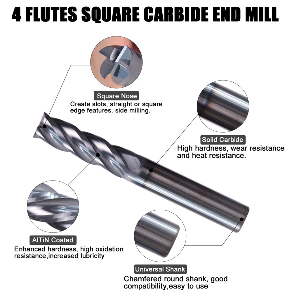 5pack 4 Flute Solid Carbide 3/16" x 5/8" x 2" Long End Mill - AlTiN Coated
