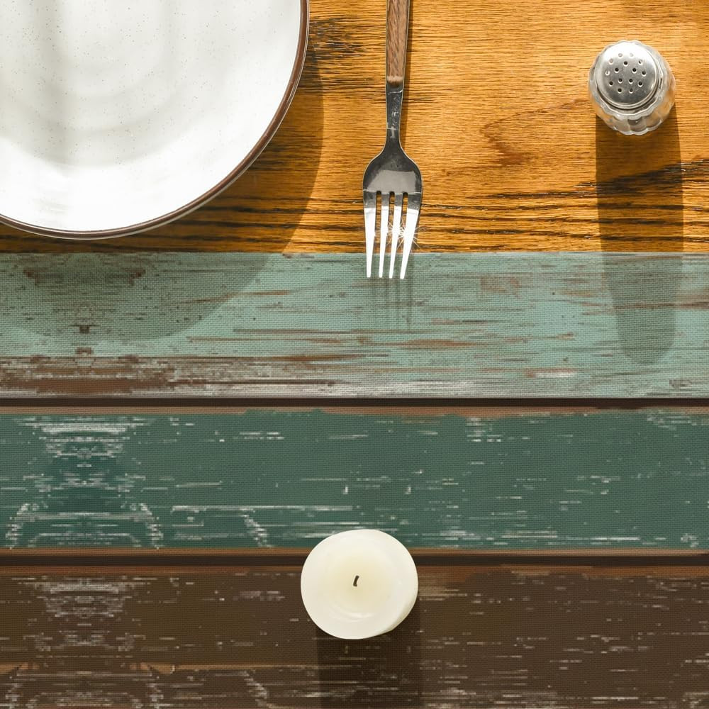 Green Retro Rustic Wood Texture Table Runner, Seasonal Spring Kitchen Dining Tab