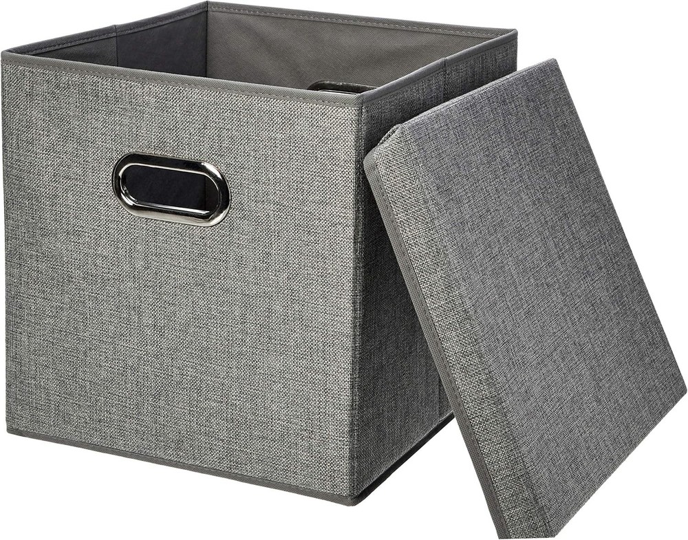 Foldable Burlap Cloth Cube Storage Bin W/ Lid Stackable & Sturdy Gray Set of 2