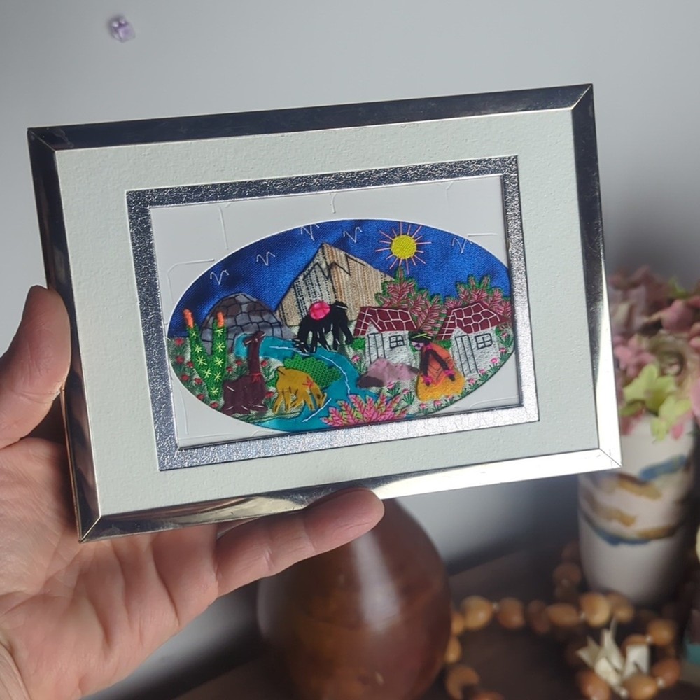 Framed Folk Boho Embroidery Patchwork Scene Hand-Stitched Textile Patchwork Art
