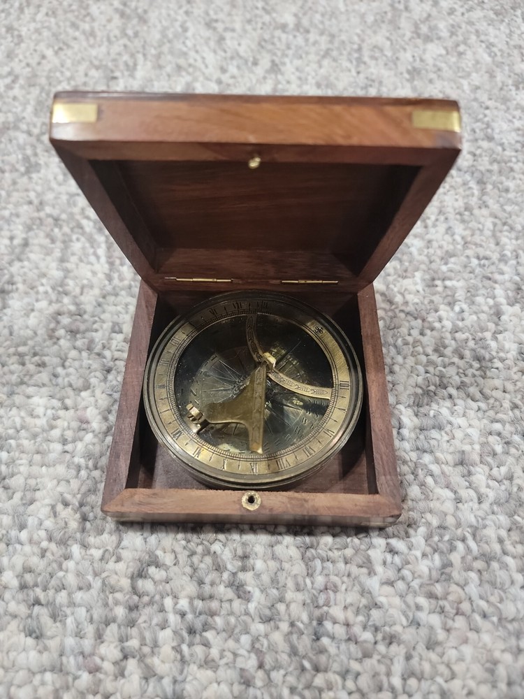 Brass Compass With Wooden Box Nautical
