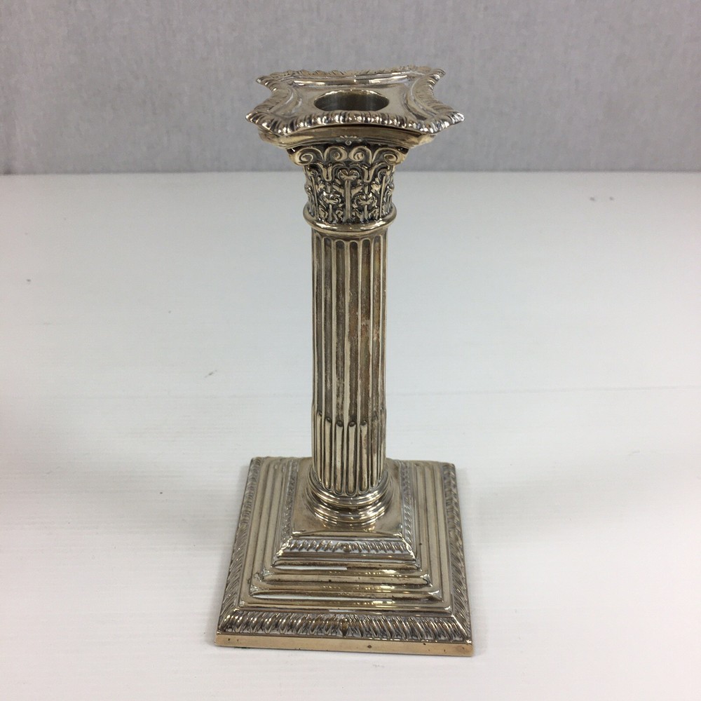 Antique 1936 Solid Silver Weighted Pair Of Corinthian Column Candlesticks