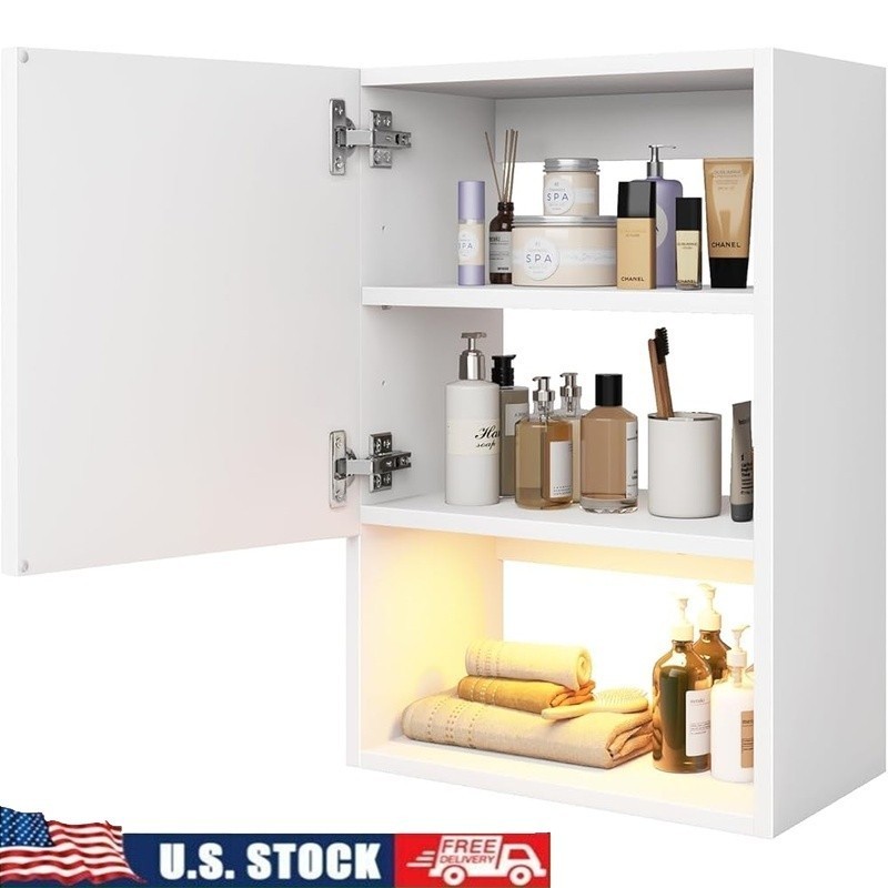 Adjustable Wall-Mounted Bathroom Cabinet W/ Soft-Close Doors & LED Light New