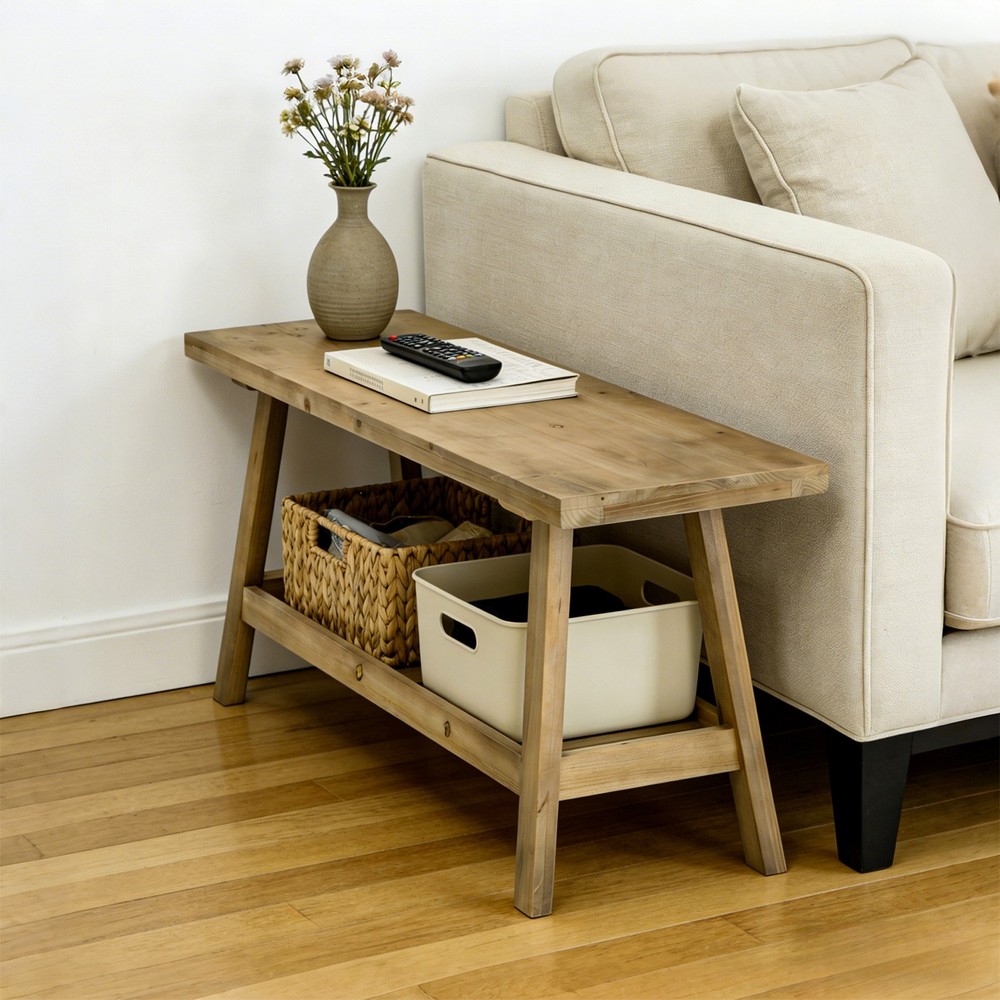 43" Rustic Farmhouse Bench with 2-Tier Open Storage Shelf