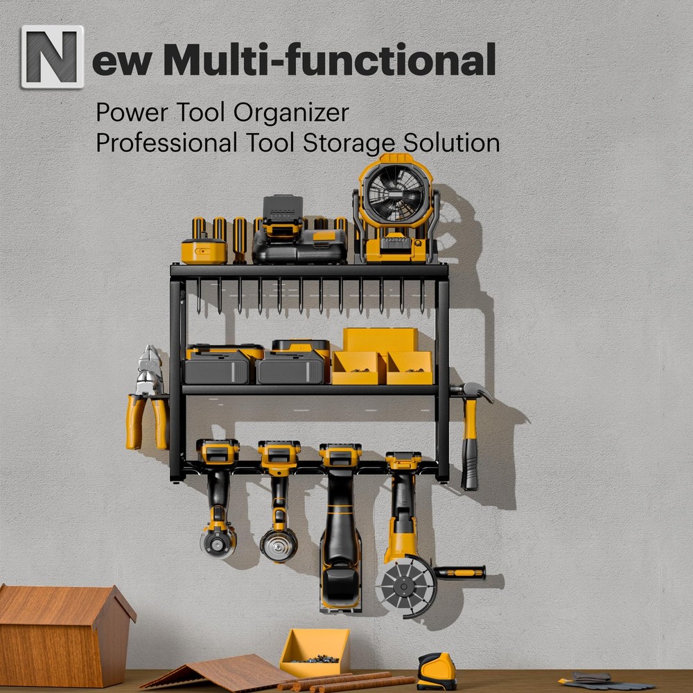 3-Layer Power Tool Organizer Wall Mount with Drill Holders, Garage Storage Rack