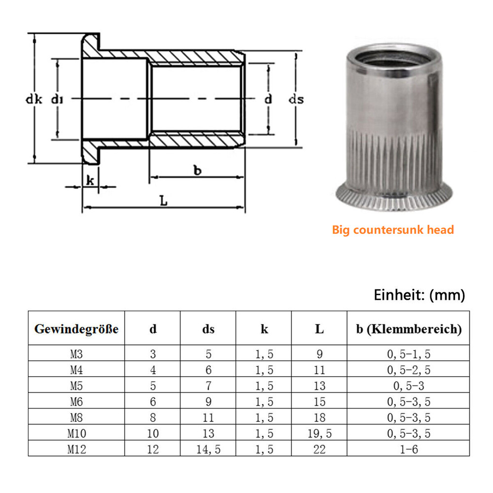 STAINLESS STEEL RIVNUTS THREADED BLIND RIVET NUTS OPEN END NUTSERT M3 M4 M5-M12