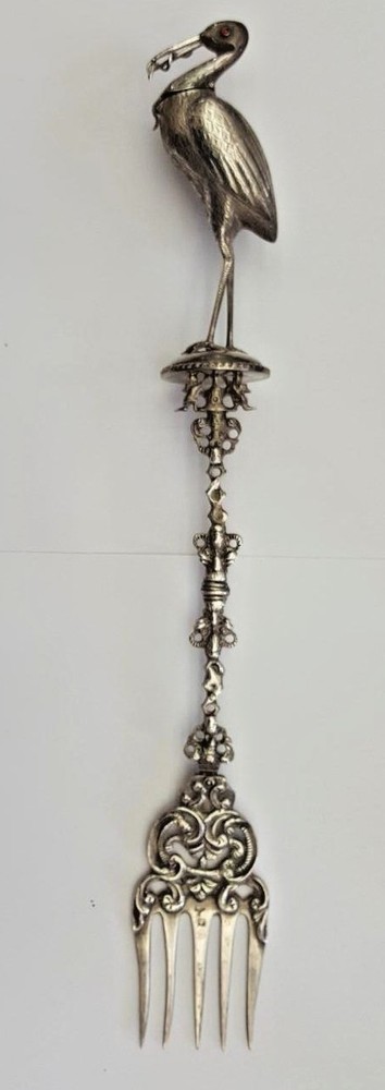 UNIQUE DUTCH 15" L 833 SILVER SERVING FORK WITH HERB SHAKER STORK FIGURINE
