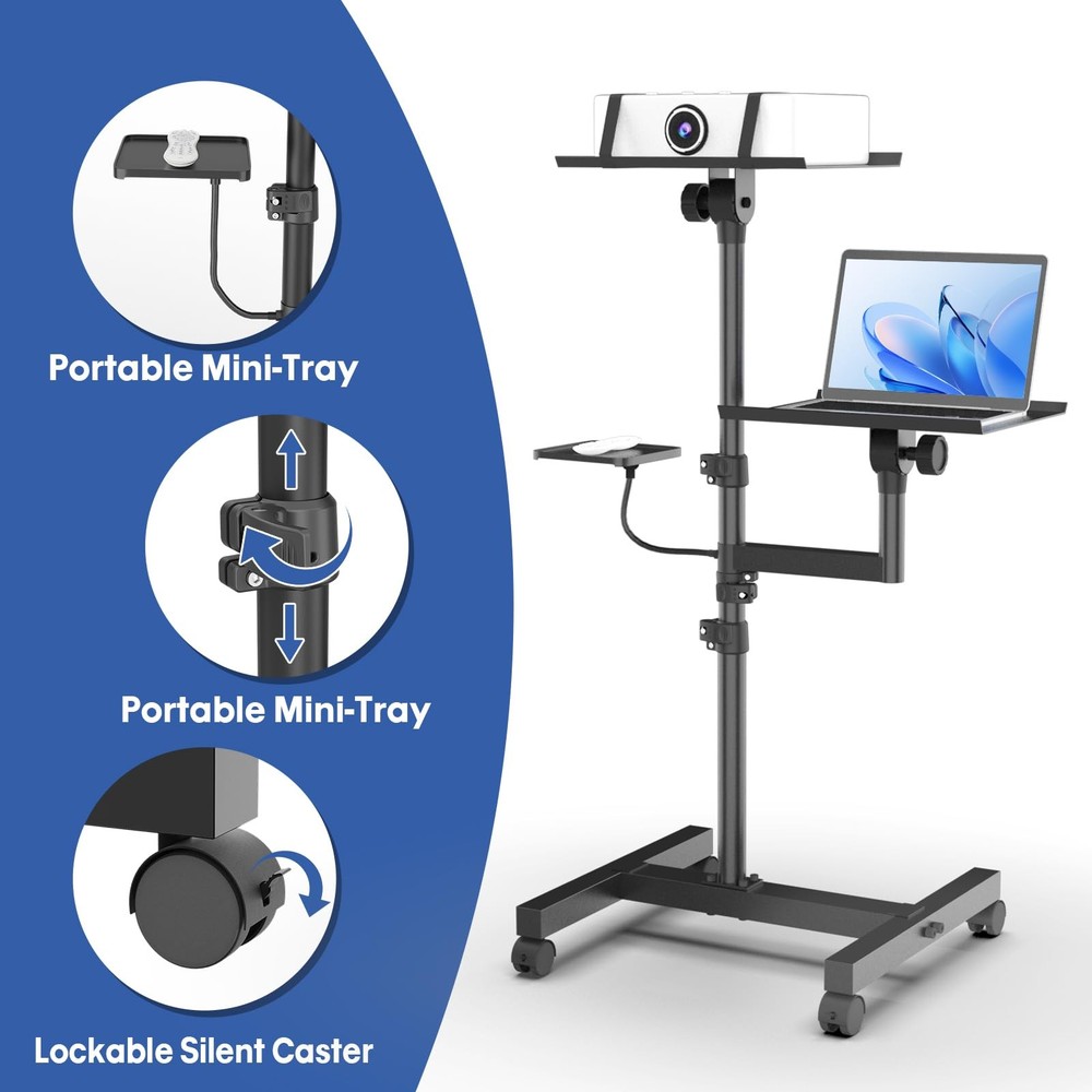 GSOW 2-Shelf Mobile Projector, Laptop Stand, Rolling, Adjustable Height