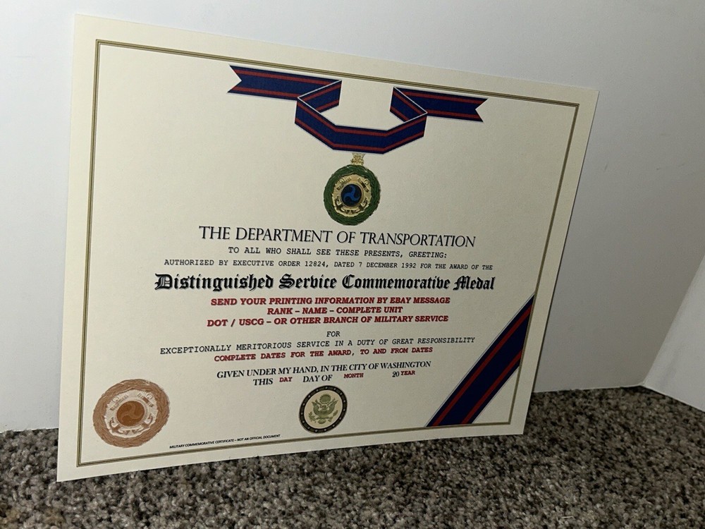 D.O.T. DISTINGUISHED SERVICE MEDAL COMMEMORATIVE CERTIFICATE ~ TYPE-2 w/PRINTING