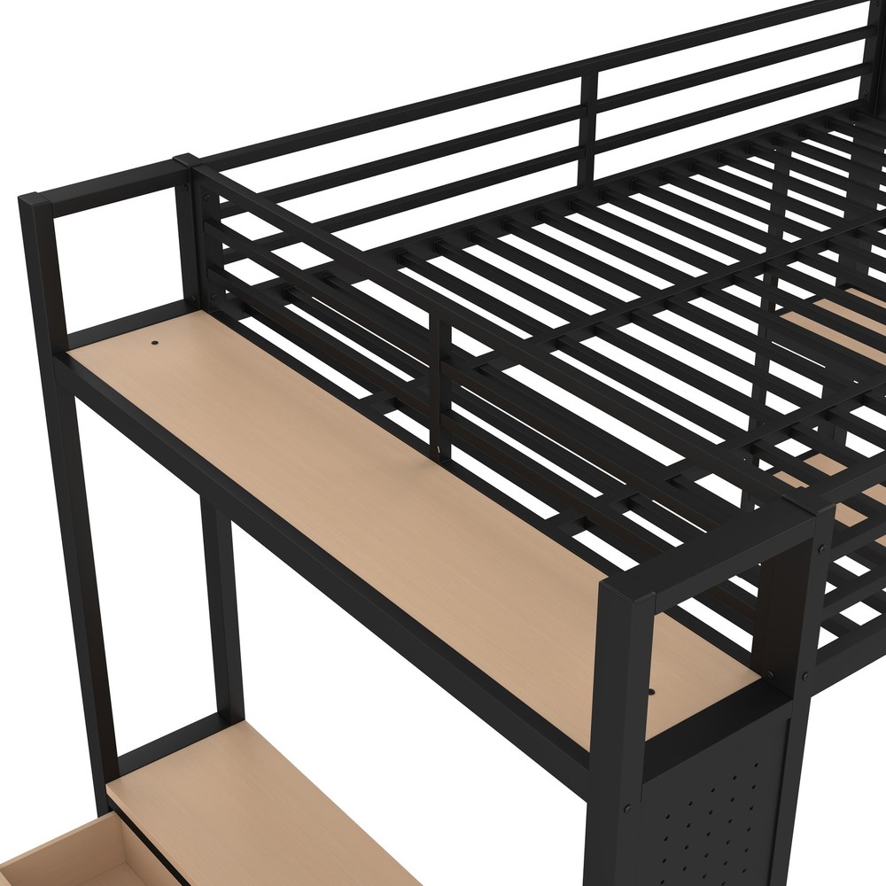 Queen Size Loft Bed Frame with Wardrobe/ Storage Shelves /Pegboard/Drawers Black