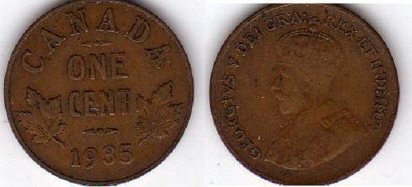 1935 Canada Small Cent Coin. Penny 1  cent