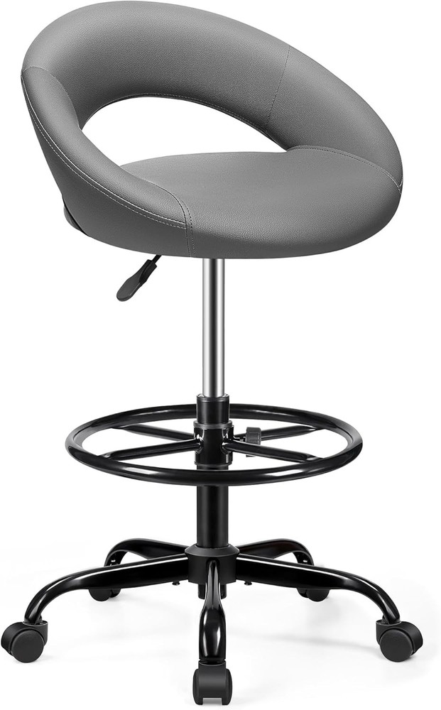Office Drafting Chair Bar Stools W/ Back Support Adjustable Foot Rest & Wheels