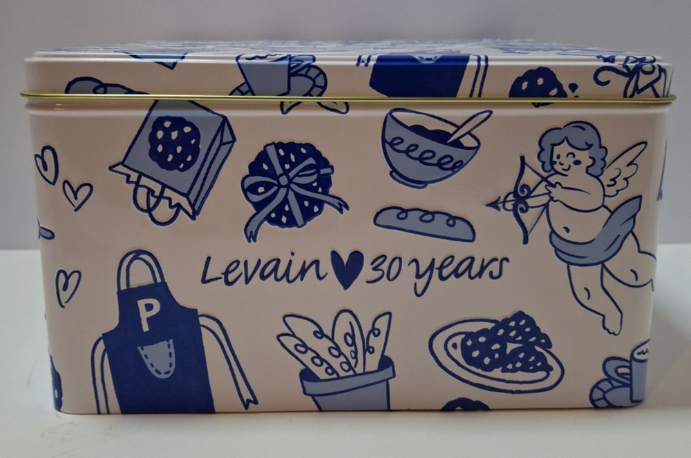 Levian Bakery Embossed Tin Container w/Lid 30th Anniversary Blue & White Empty