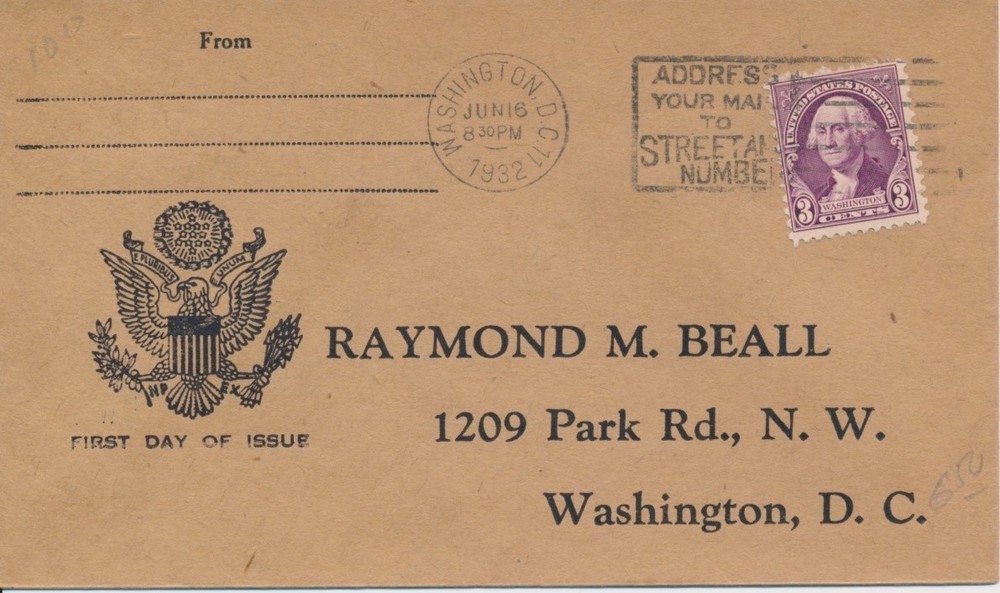 #720 3c George Washington Ray Beall reply Eagle Shield cachet First Day cover