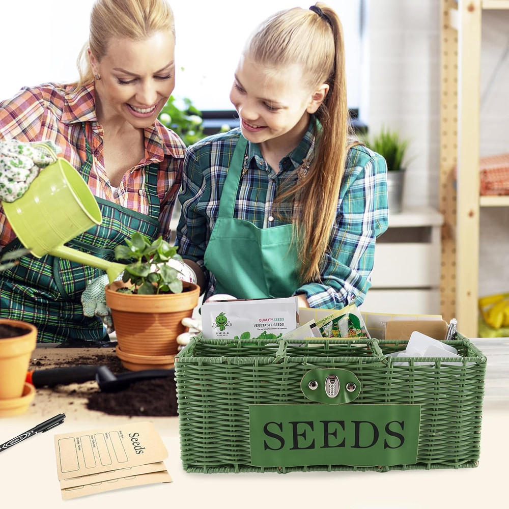 Seed Storage Organizer, 4 Compartment Seed Box with Safety Lock, Poly Wicker Bas