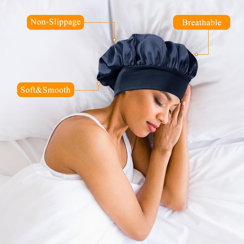 2Pcs Silk Bonnet for Sleeping, Adjustable Double Layer Hair Large, Black+blue