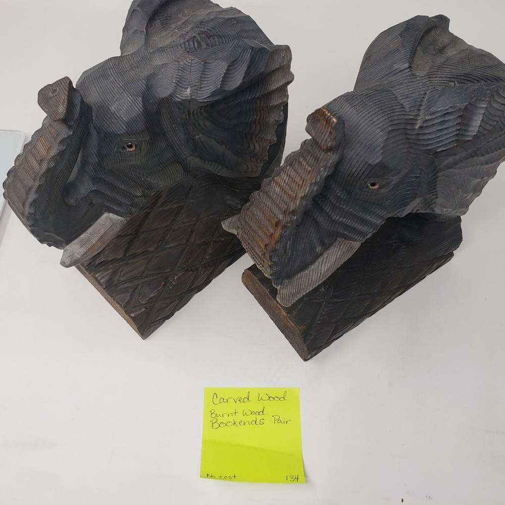 Hand Carved Solid WOOD Large Elephant Bookends Pyrography 9.5 inches tall