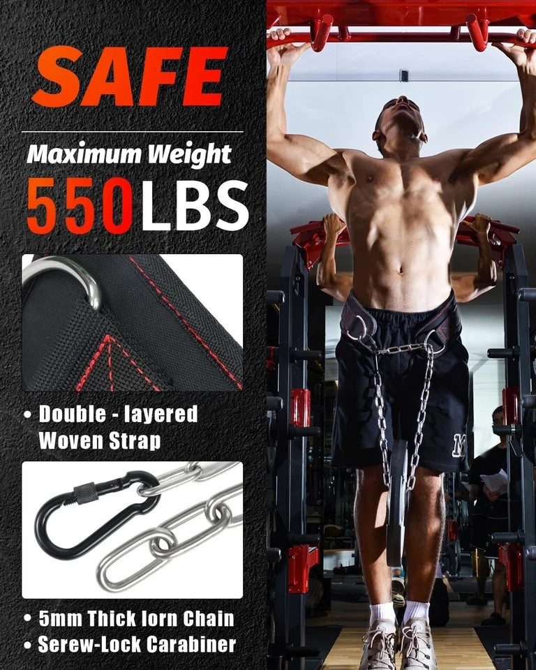 Dip Belt with Chain 37-40" for Weightlifting Dips Pullups 650lbs Capacity