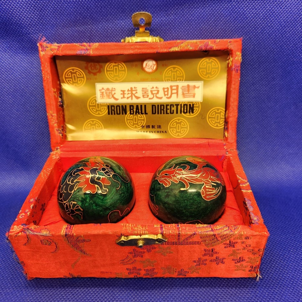 Chinese Cloisonné Baoding Balls Healing Meditation Dexterity Red Silk Case