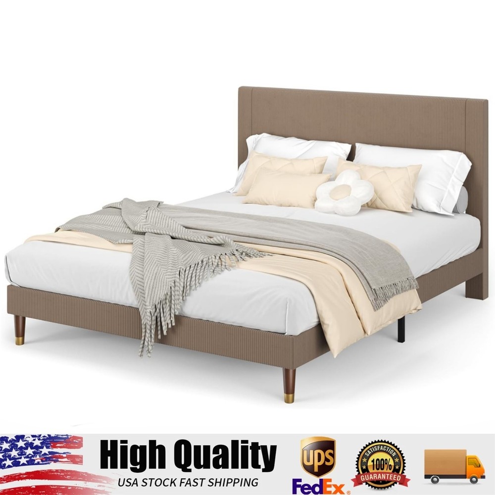 Queen Size Upholstered Bed Frame,Brown Platform Bed with Modern Fabric Headboard