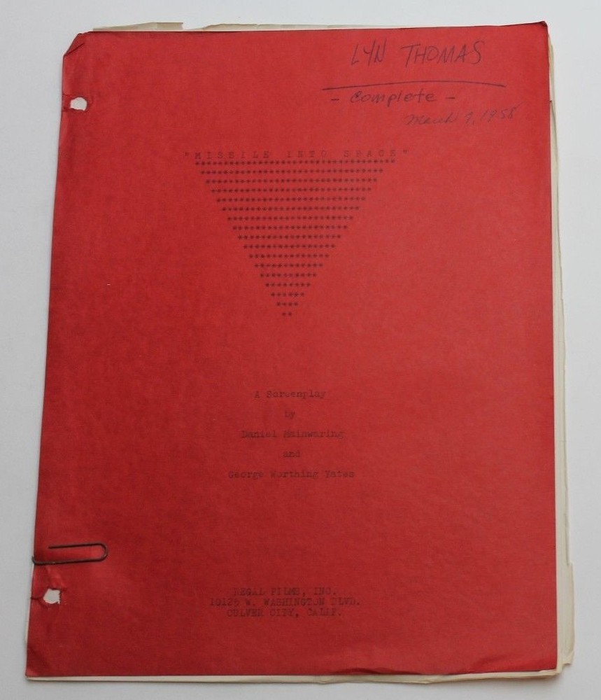 SPACE MASTER X-7 / 1958 SHOOTING SCHEDULE used by Actress Lyn Thomas, Sci Fi