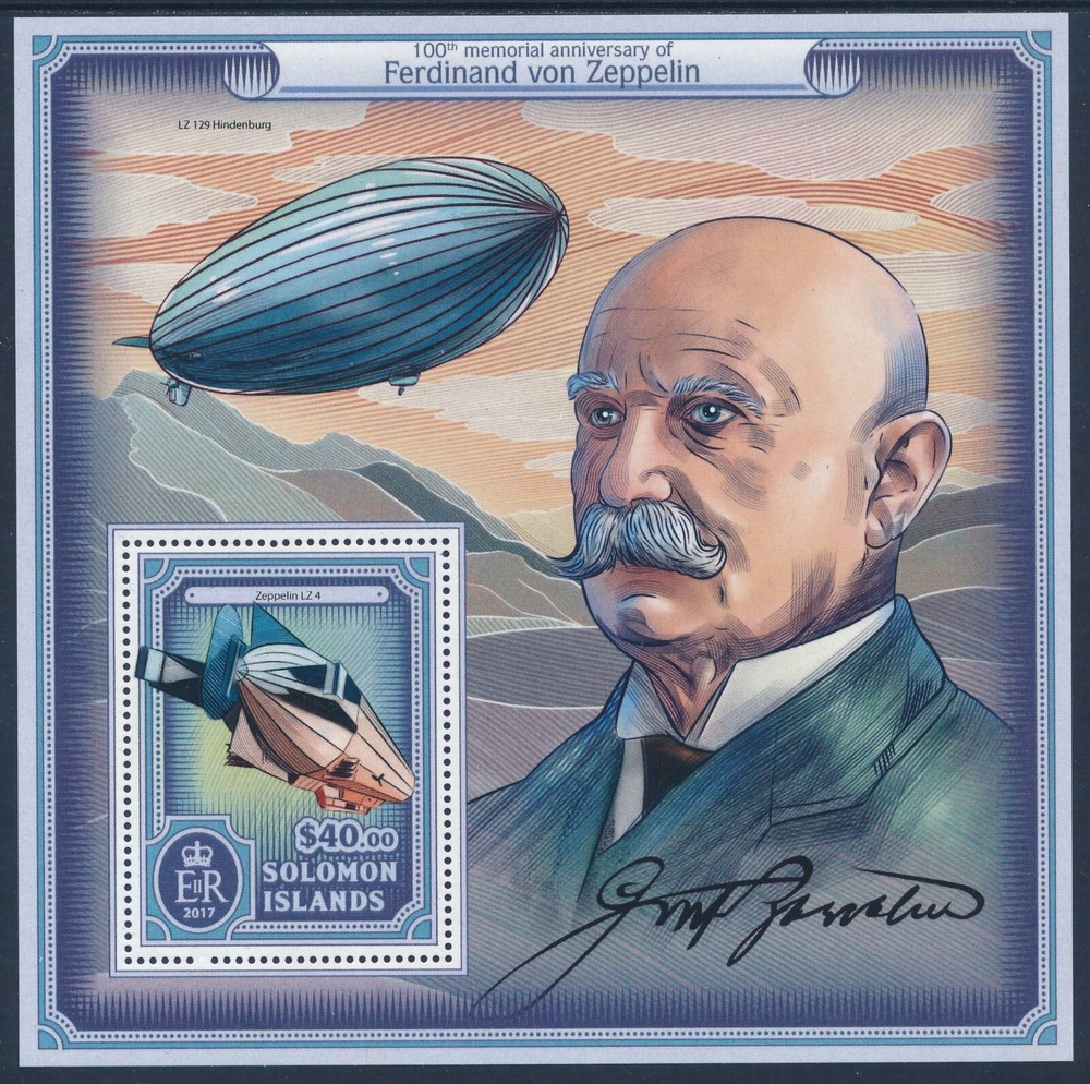 2017 SOLOMON ISLANDS FERDINAND VON ZEPPELIN MINI SHEET ($40) FINE MINT MNH
