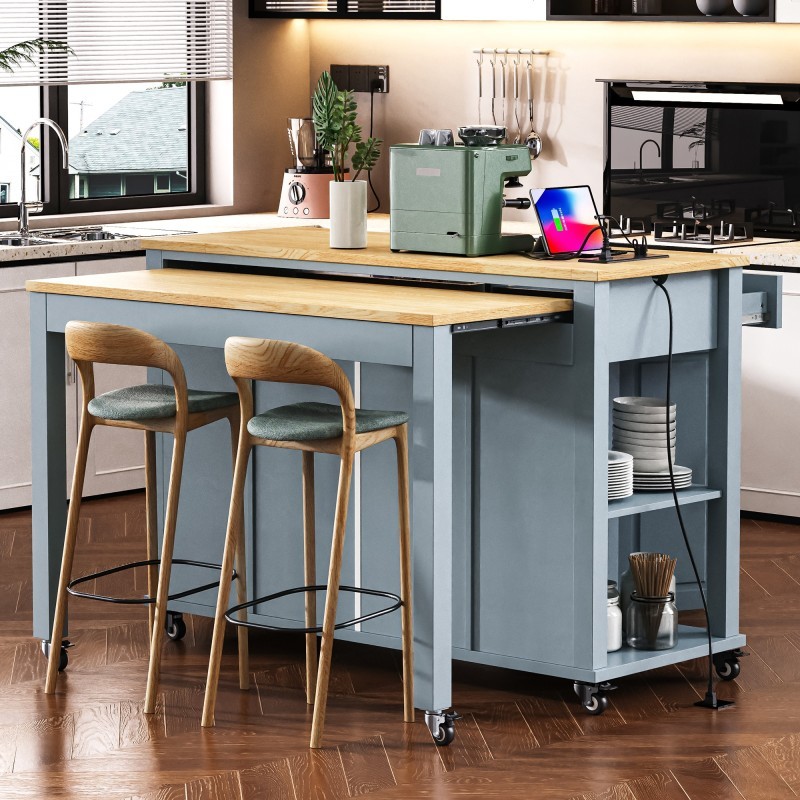Kitchen Island with Extendable Dining Table, Rolling Wheels, Storage, Power