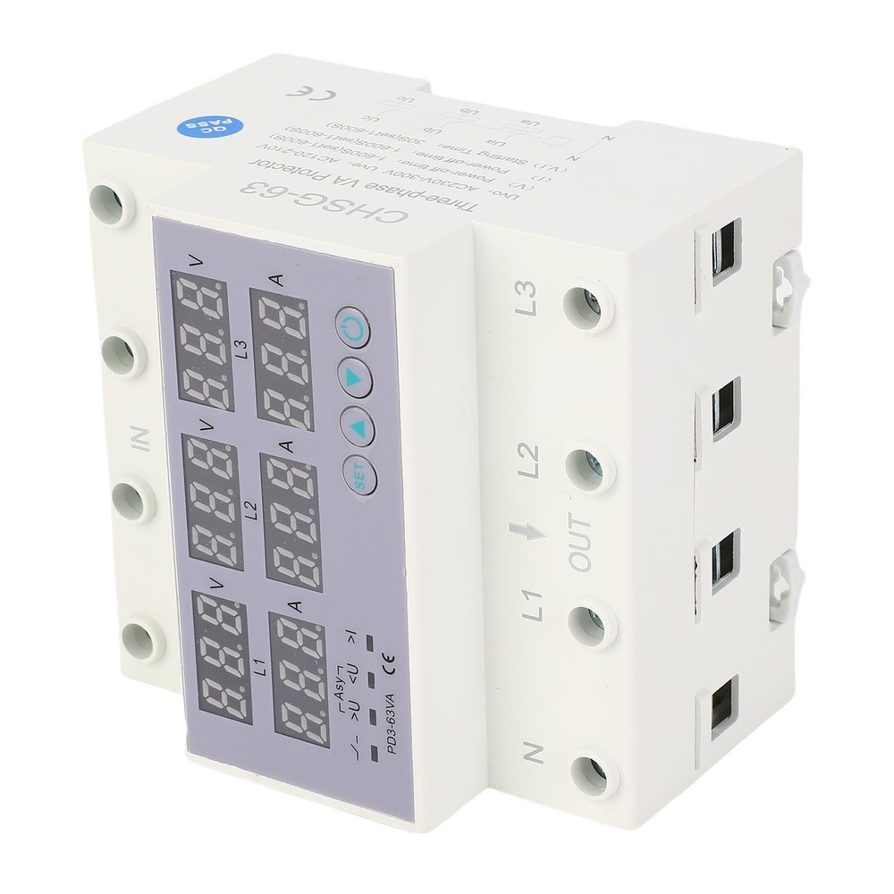 63A 3 Phase DIN Rail Voltmeter Ammeter Auto Overvoltage Overcurrent Protector AC