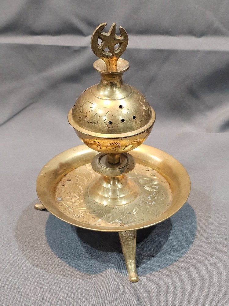 Vintage Arabic Brass Incense Burner Holder Etched