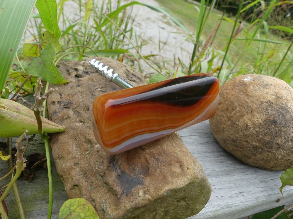 Vintage Corkscrew with Polished Agate Stone Handle Barware 4.25"