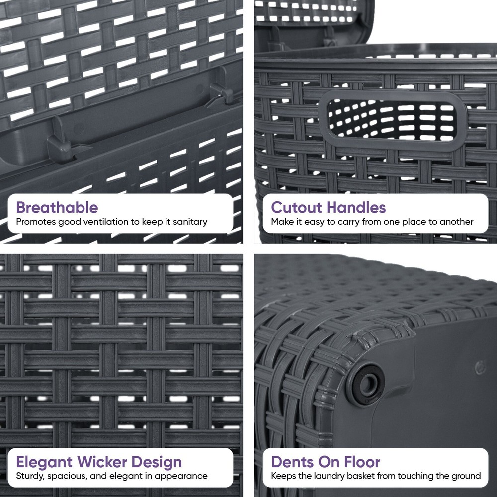 Plastic Wicker Laundry Hamper with Lid and Handles-Grey (60 Liter)