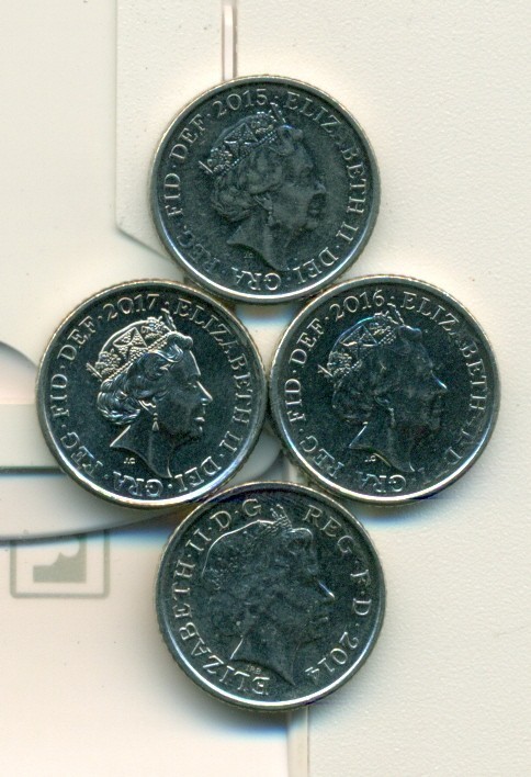 4 NICE 5 PENCE COINS from GREAT BRITAIN (2014, 2015, 2016 & 2017)
