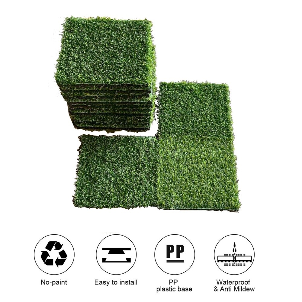 A set of 35 self-draining artificial turf tiles with interlocking features