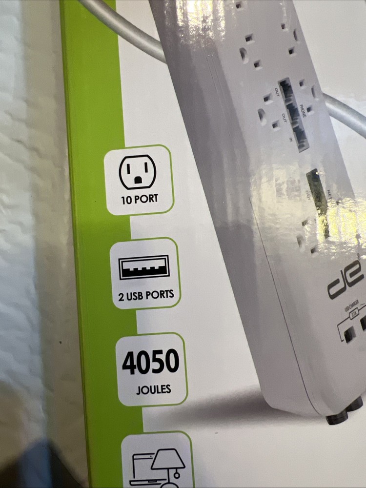 10 Outlet Surge Protector, 8 FT, White