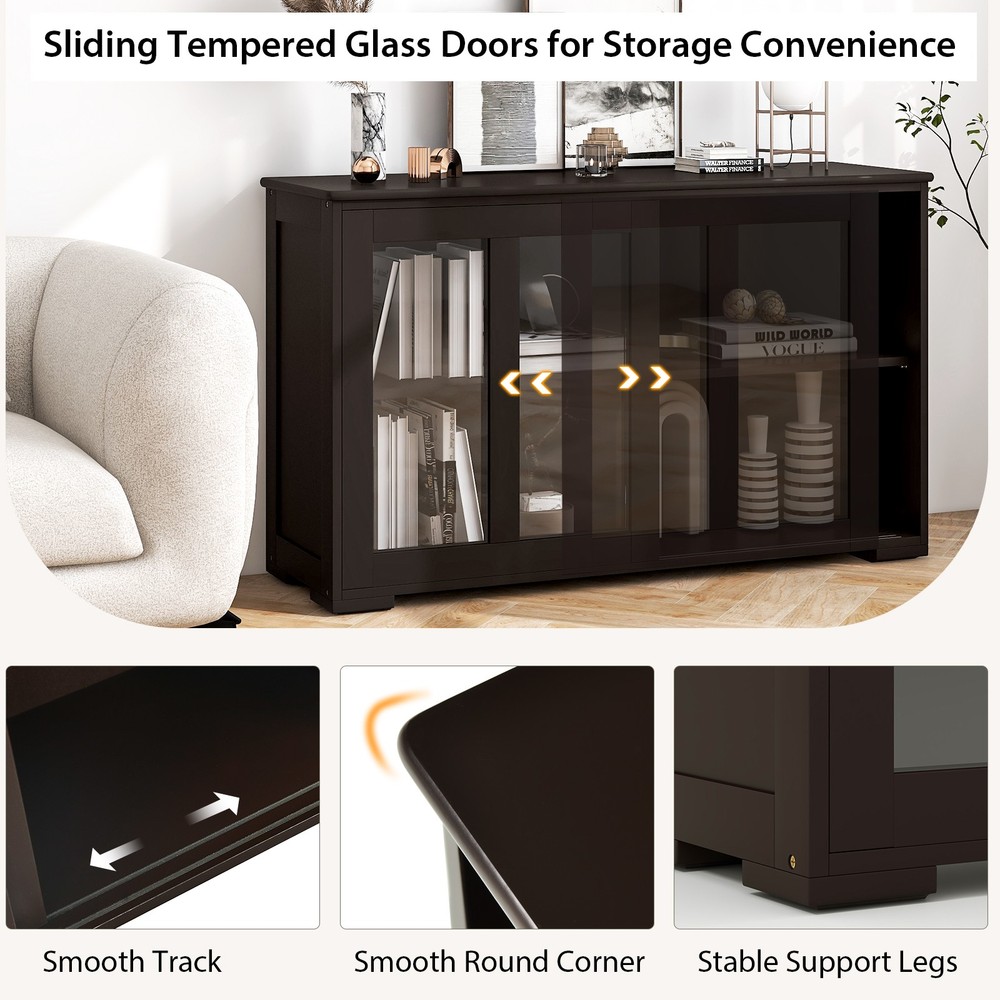 2PCS 2-Door Stackable Buffet Sideboard w/Sliding Tempered Glass Doors Brown